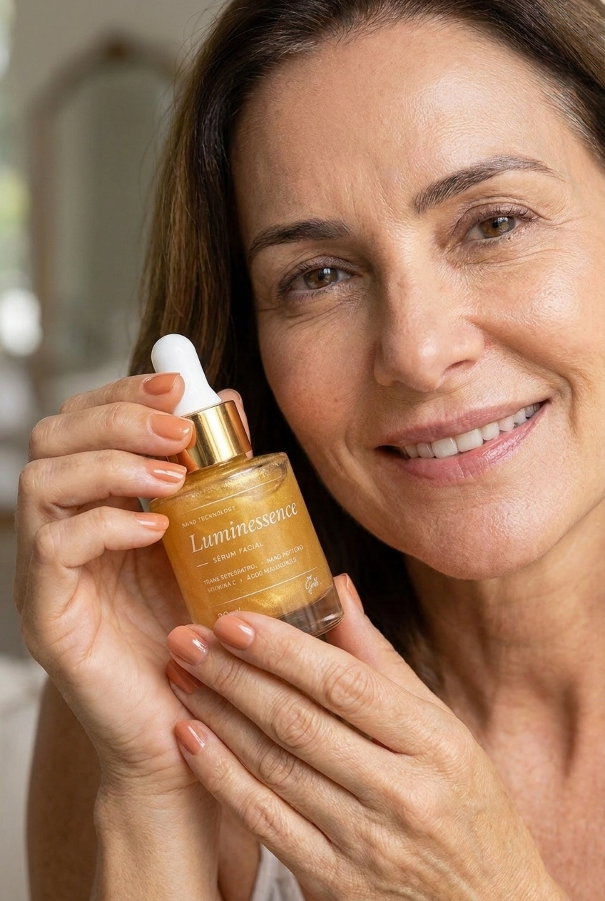 Modelo segurando o sérum facial Luminessence